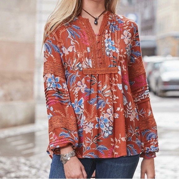 Sundance Tops - Sundance Rust Floral Lace Peasant Blouse Size Large Boho Peasant Blouse